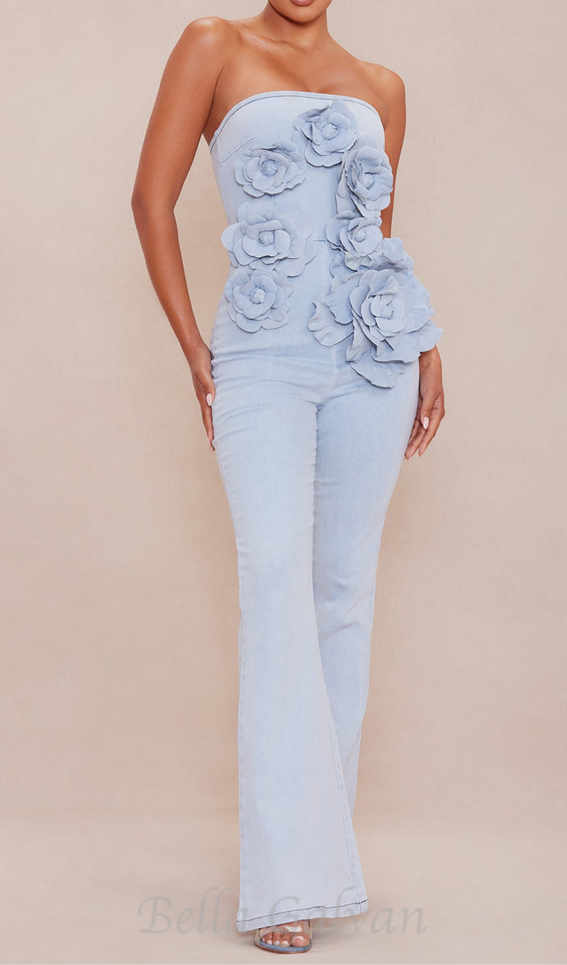 Berlin Floral Denim Jumpsuit in Light Wash