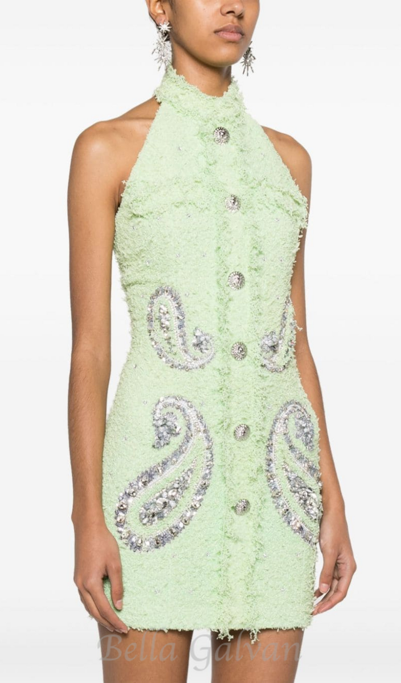 GEMMA PAISLEY-EMBELLISHED TWEED MINI DRESS IN GREEN