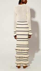 BRIDGET KNIT STRIPE FRILL MIDI DRESS IN WHITE