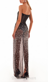 HAZEL CRYSTAL-COVERED STRAPLESS BLACK MAXI DRESS