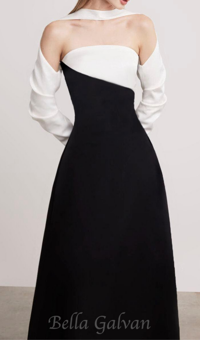 ARLENE BLACK LONG SLEEVED CUT OUT SILK TAFFETA MIDI DRESS