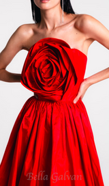 OFF-SHOULDER 3D FLOWER CHIFFON MAXI DRESS IN RED