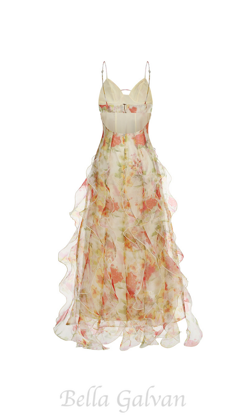 BELINDA YELLOW FLORAL VERTICAL RUFFLE TRIM MAXI DRESS