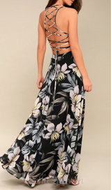 Black Floral Print Lace-Up Maxi Dress