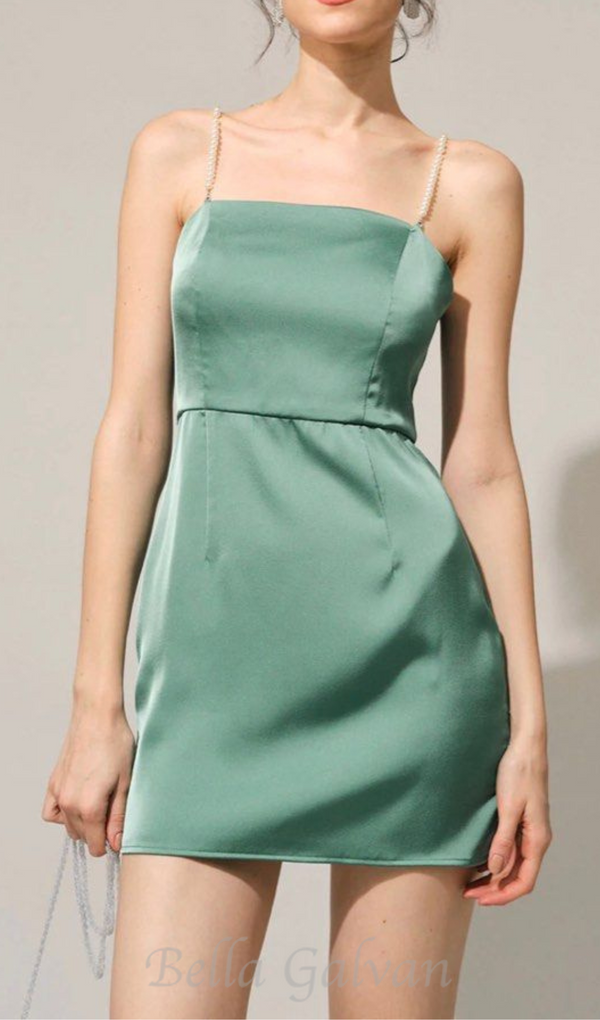 Pearl Strap Satin Mini Dress in green