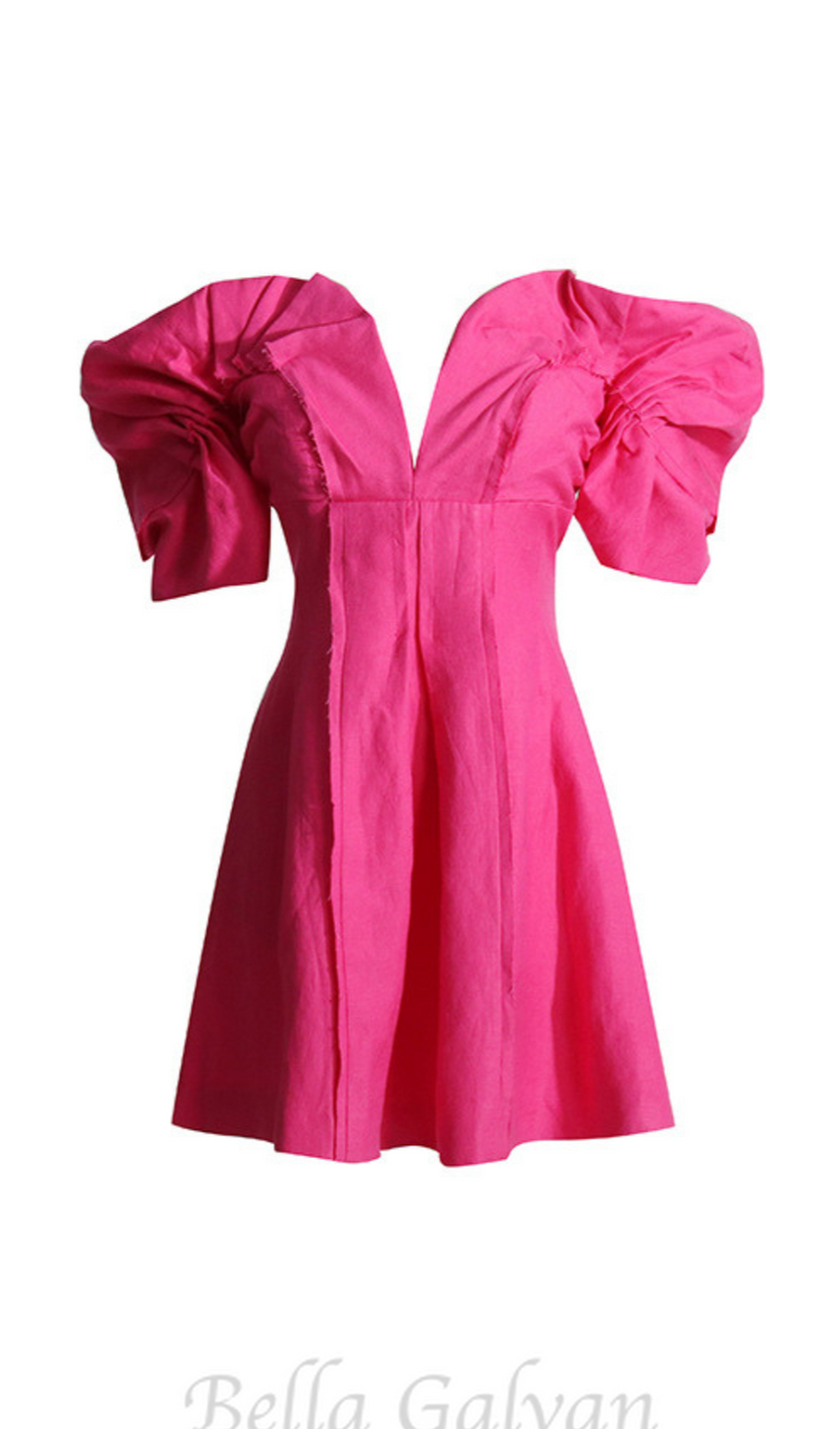 RUFFLED OFF-SHOULDER MINI SILK DRESS IN PINK