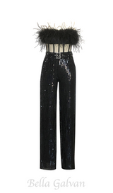 FANNY STRAPLESS FEATHER SEQUIN JUMPSUIT IN BLACK