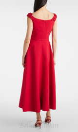 ULA EMBELLISHED FLORAL ROUND NECK MIDI DRESS IN RED