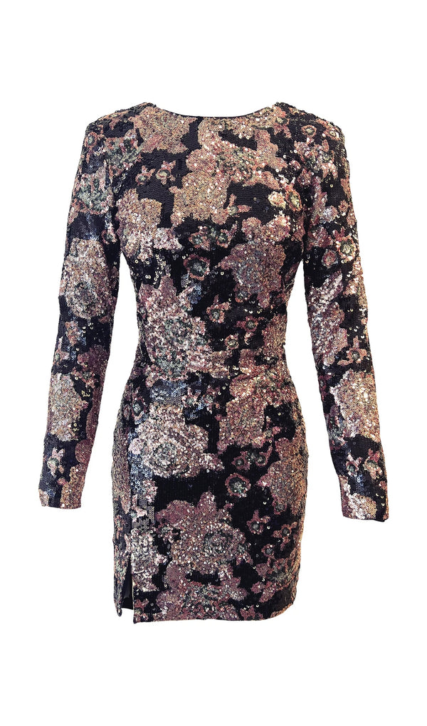 dusty rose multi sequin floral print mini dress