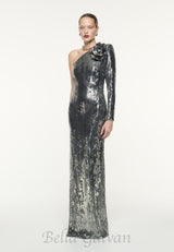 Floral-appliqué sequin gown in silver