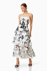 Selene 3D flower Tiered Maxi Dress In Black