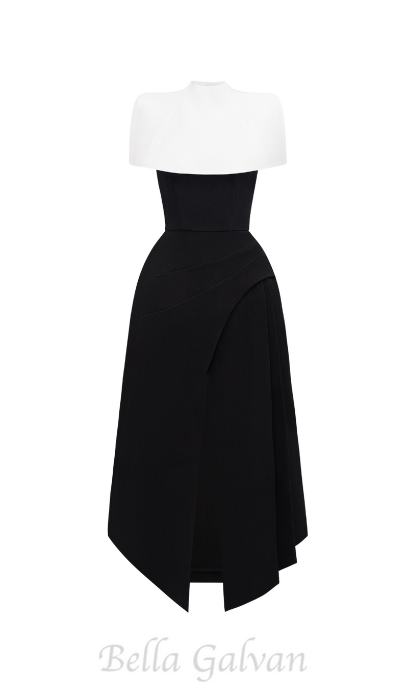 AUDREY SLIT CAPE MIDI DRESS IN BLACK