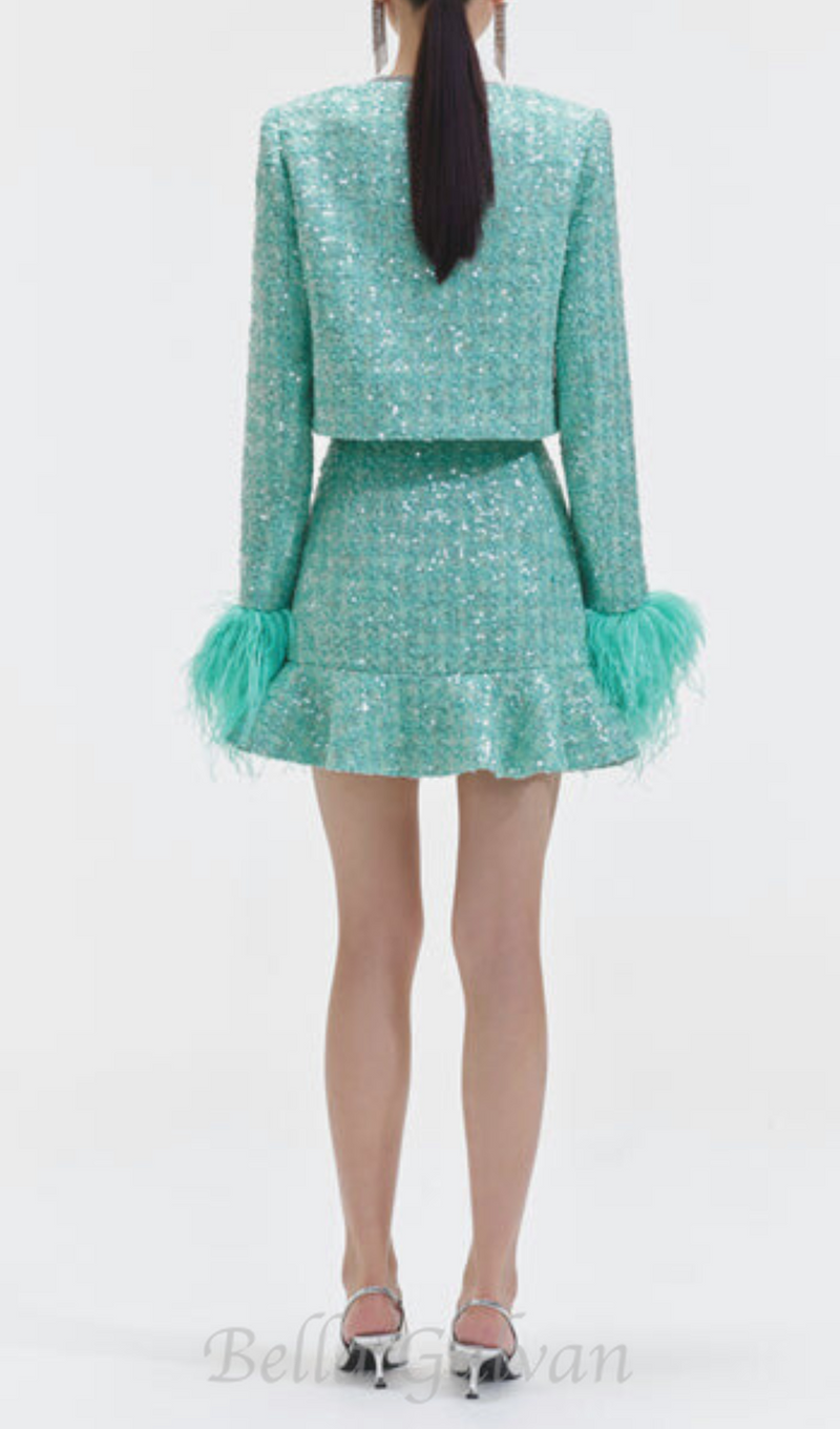 STEPHANIE BOUCLE FEATHER JACKET SUIT IN GREEN