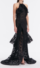 LYNN GARDENIA GUIPURE LACE RUFFLE GOWN IN BLACK