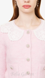 Fluffy ribbed-knit stretch-woven blend cardigan in pink