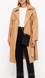 Faux leather double-breasted coat in brown yellow