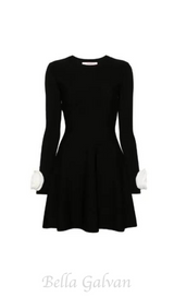 CHERYL 3D FLOWER ROUND NECK LONG SLEEVE BLACK MINI DRESS