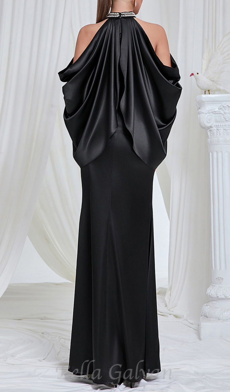 off-shoulder crystal halter maxi dress in black