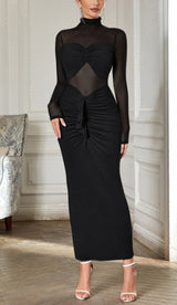 SHEER RUCHED MAXI DRESS IN BLACK
