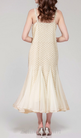 SYLVIA BEIGE EMBROIDERED SPLICING SLEEVELESS MIDI DRESS