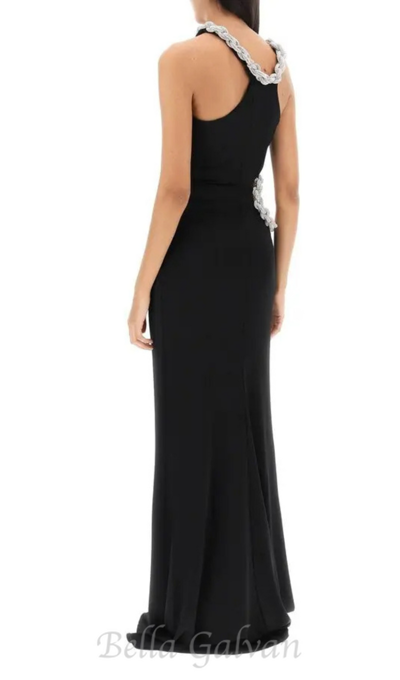 Crystal Braided Rope Cut-Out Maxi Dress in black