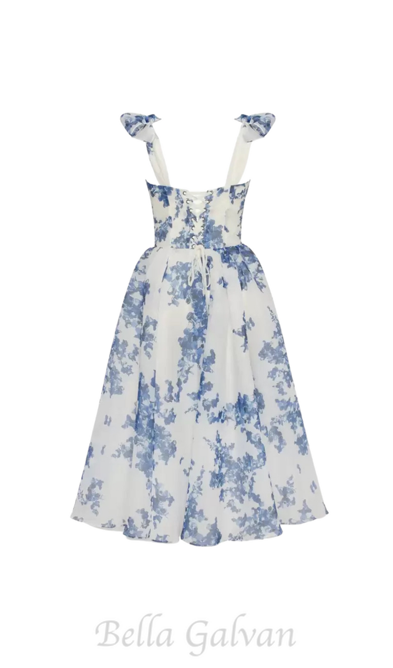 PRIMA PALE BLUE FLORAL A-LINE STRAP MIDI DRESS