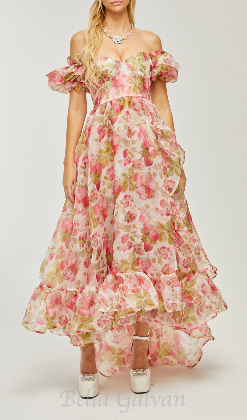 FRUIT-PRINT RUFFLED MAXI DRESS IN PINK