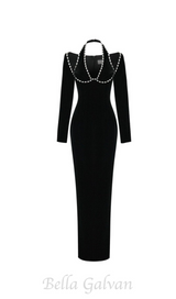 ALISON BLACK CRYSTAL-EMBELLISHED VELVET MAXI DRESS