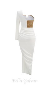 Rose Details High Sut Maxi Dress in gold white