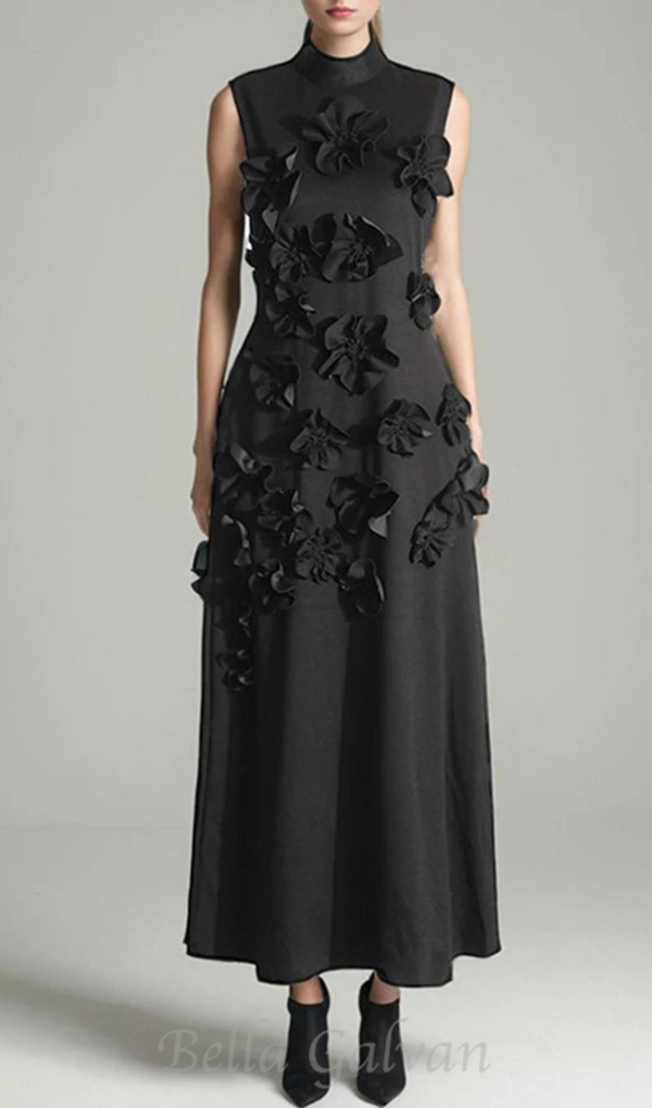 ANNONA BLACK FLOWER EMBELLISHED MAXI DRESS
