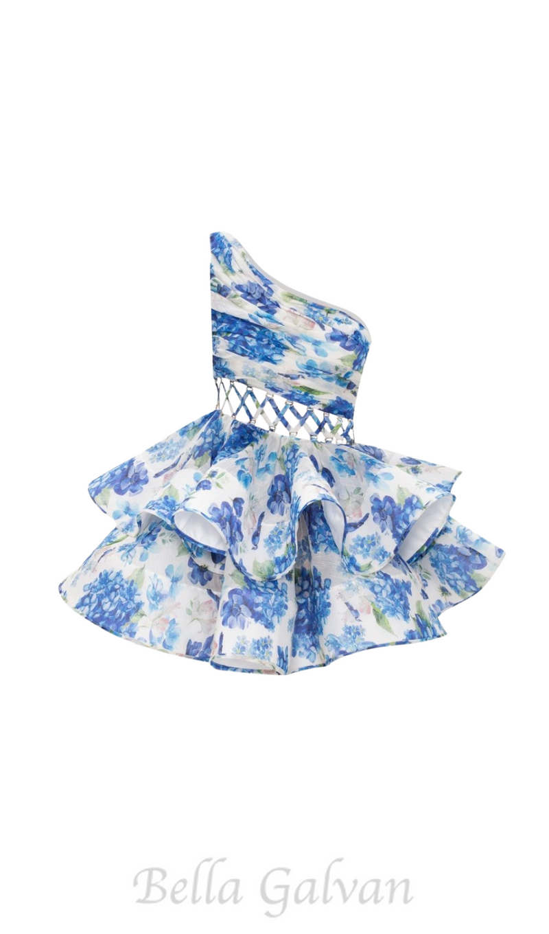 GAIL BLUE FLORAL PRINTED ONE-SHOULDER MINI CHIFFON DRESS