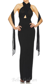 MERRY BLACK SHEER MESH UPPER PONTE LOWER MAXI DRESS