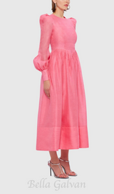 DELIA PINK LANTERN SLEEVE ROUND NECK MIDI DRESS