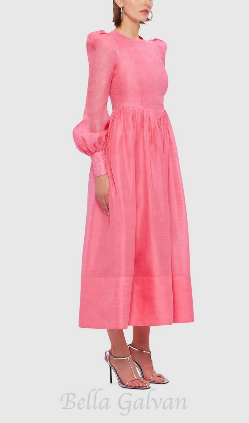 DELIA PINK LANTERN SLEEVE ROUND NECK MIDI DRESS