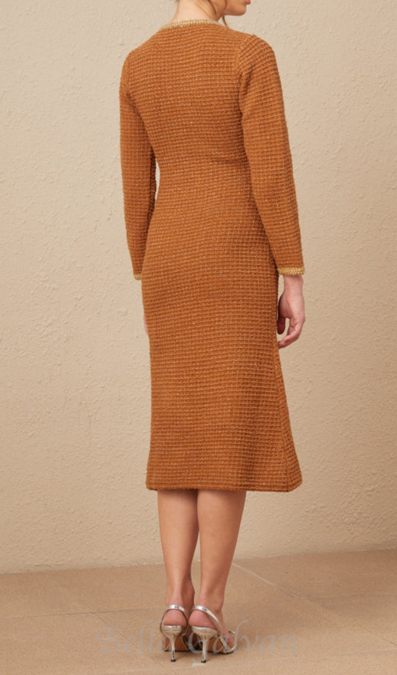 braided-edge tweed midi dress in brown