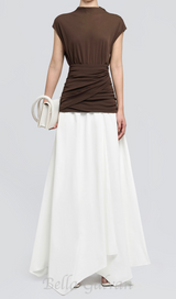 brown Waist cross pleats midi dress with asymmetric hemline