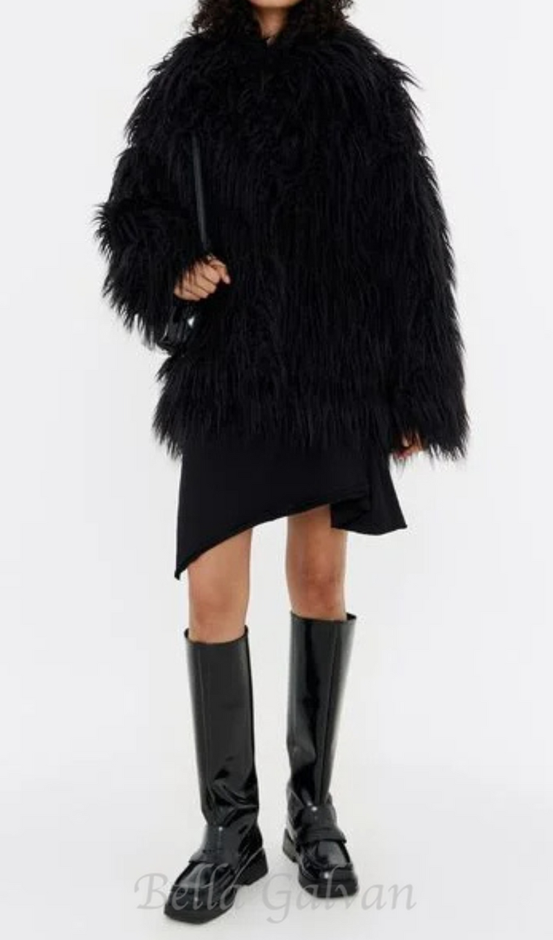 Short black fur coat