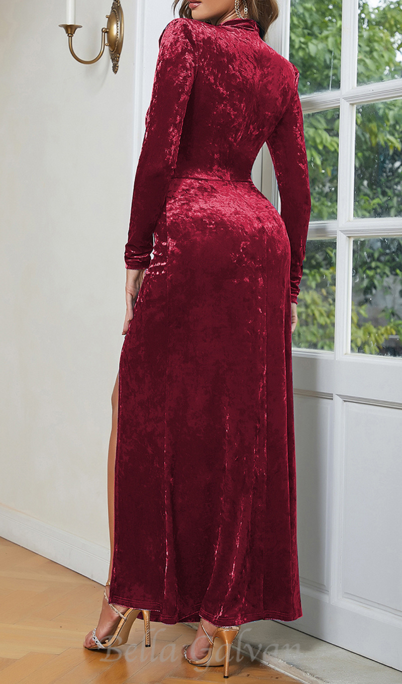 Velvet High Neck Hollow Waist maxi Dress in burgundy