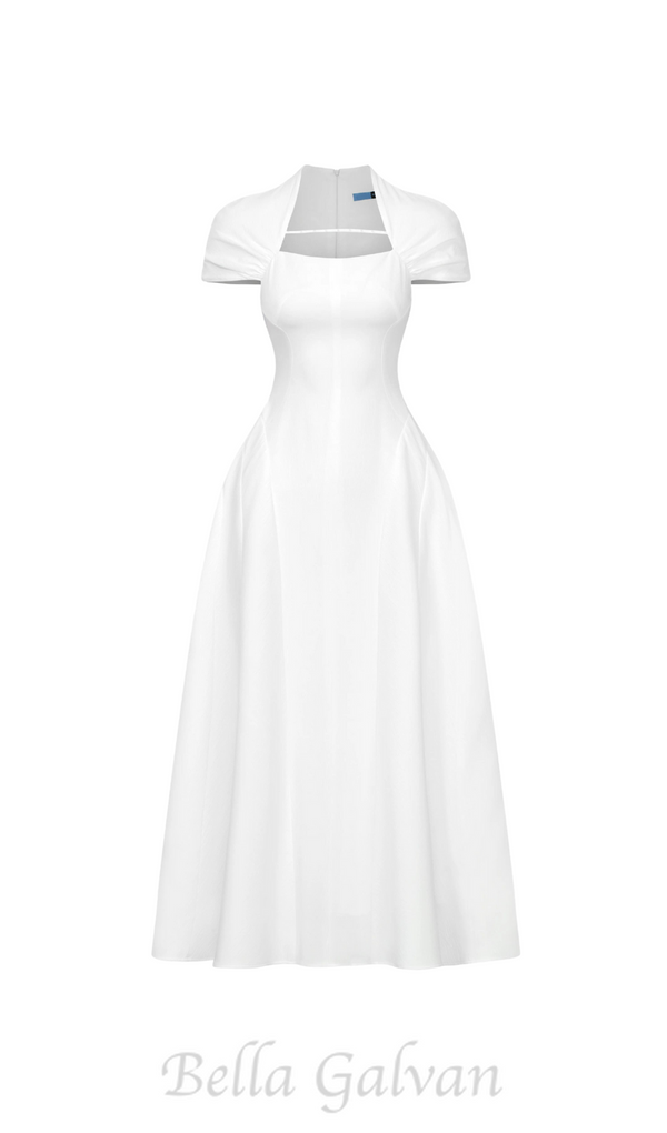 MYRNA SQUARE NECKLINE A-LINE MIDI DRESS IN WHITE