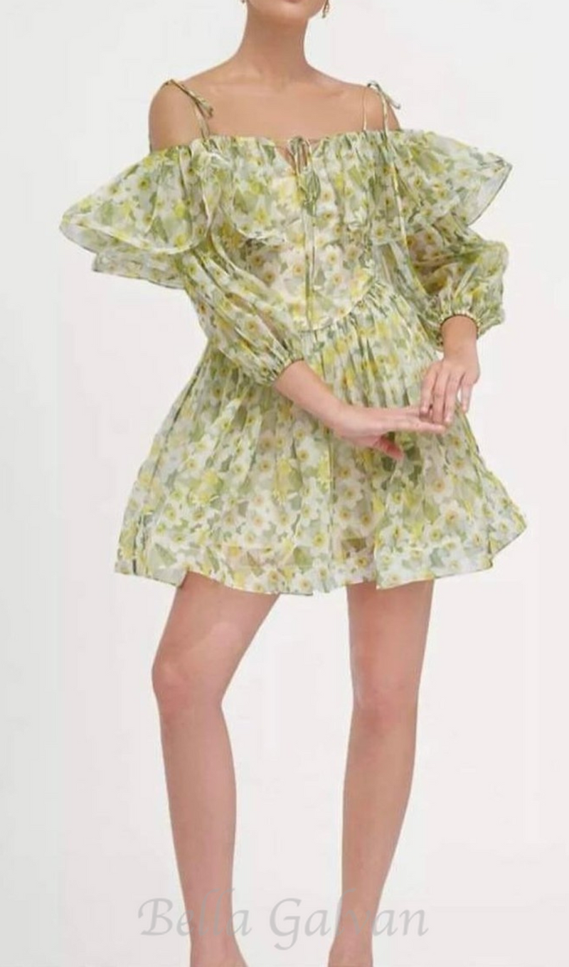 ANNA PRINTED RUFFLE TRIM MINI DRESS IN Green