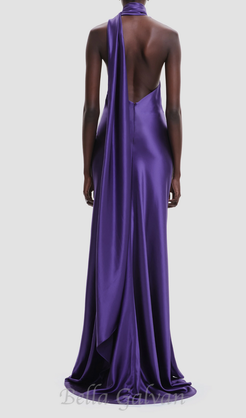 satin wrap halter gown with flower in purple