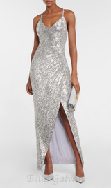 TAMMY SEQUINED MAXI DRESS IN SLIVER