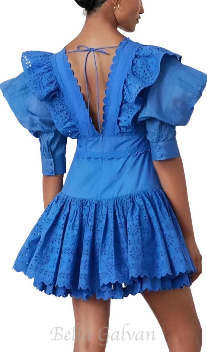 BLUE V-NECK EMBROIDERED RUFFLED MINI DRESS