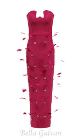 FEATHER BANDAGE MAXI DRESS IN ROSE RED