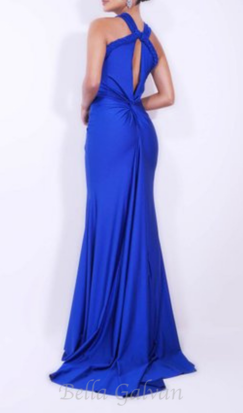 BEVERLY BRAID EMBELLISHED RUCHED HALTER GOWN IN BLUE