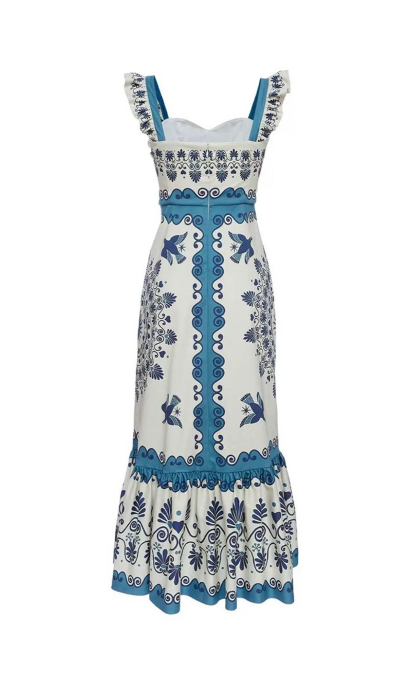 PRINT RUCHED STRAPS MINI DRESS IN BLUE