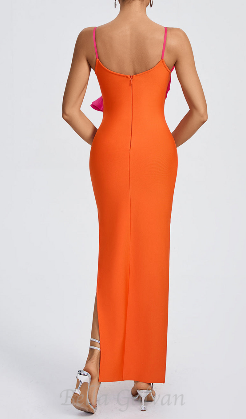 SIMONA ORANGE RUFFLE STRAP BANDAGE MAXI DRESS