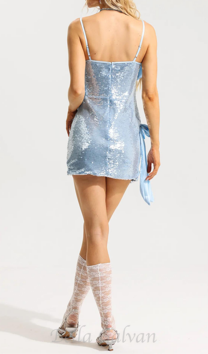 ELVIRA SEQUIN BOW SLEEVELESS MINI DRESS IN BLUE