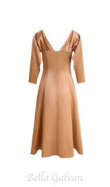 ODELIA V-NECK BROWN A-LINE MIDI DRESS