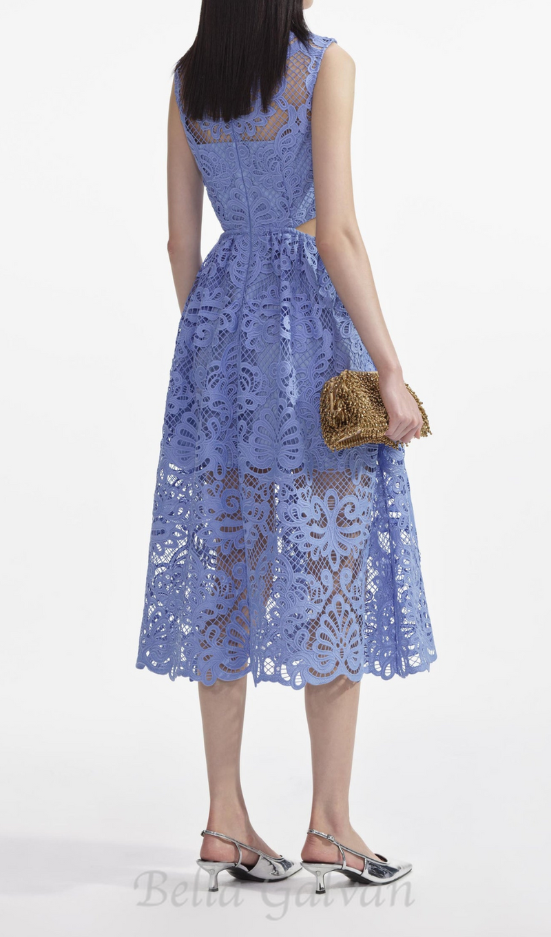 FANNY CUT-OUT LACE EMBROIDERY MIDI DRESS IN BLUE